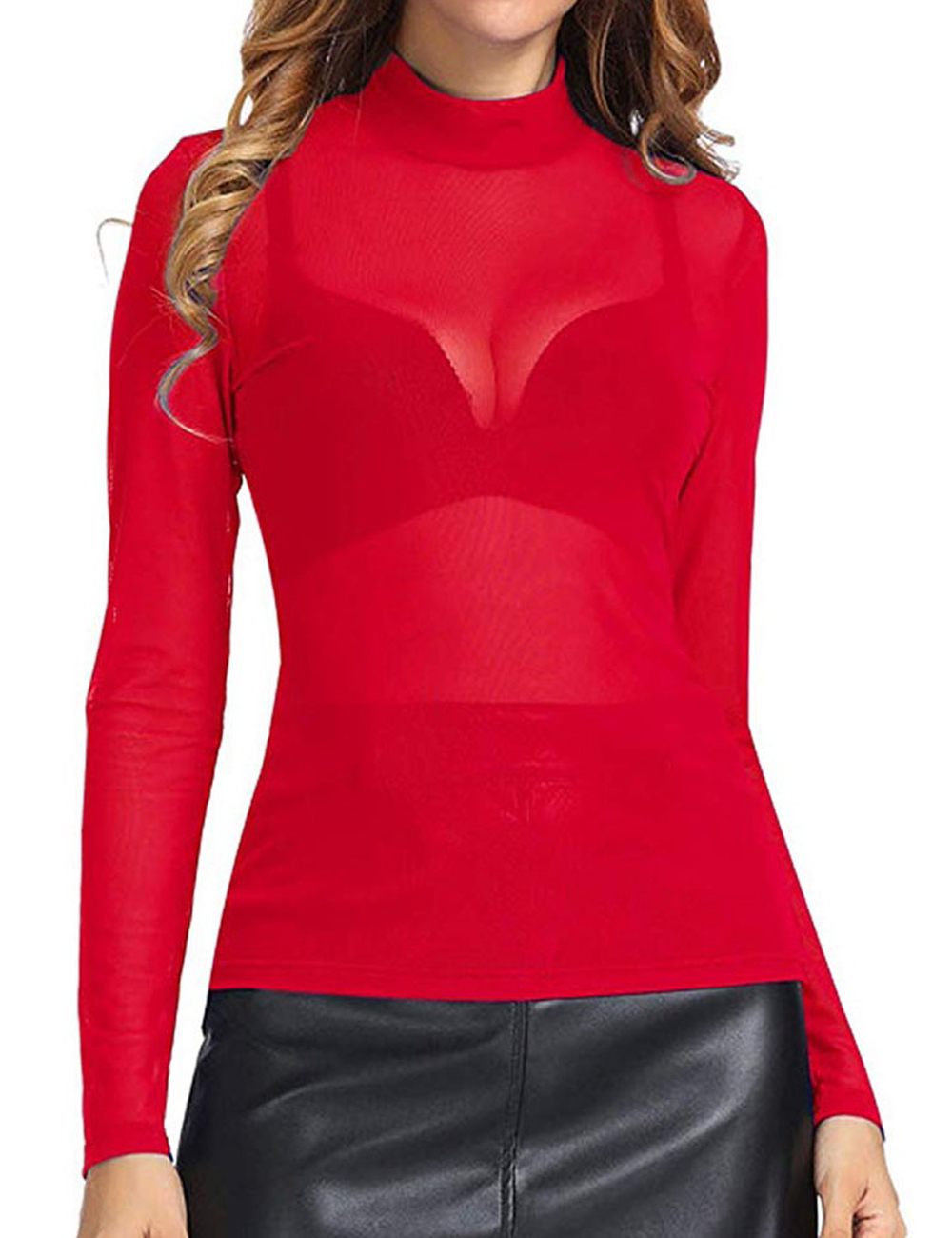 Ma\u0026Baby Women See Through Shirts Mesh Tops Long Sleeve Turtleneck Neck Sheer Blouse Crop Top
